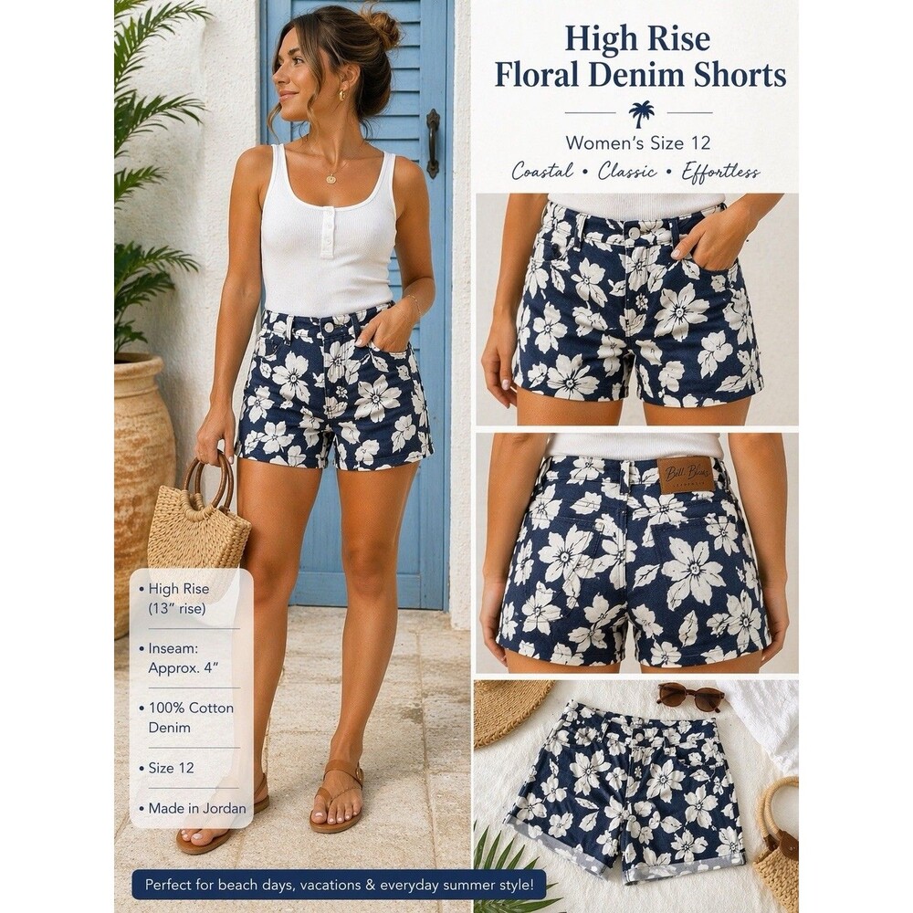 Coastal Floral Denim Shorts Womens 12 Navy White Hibiscus Beachy High Rise